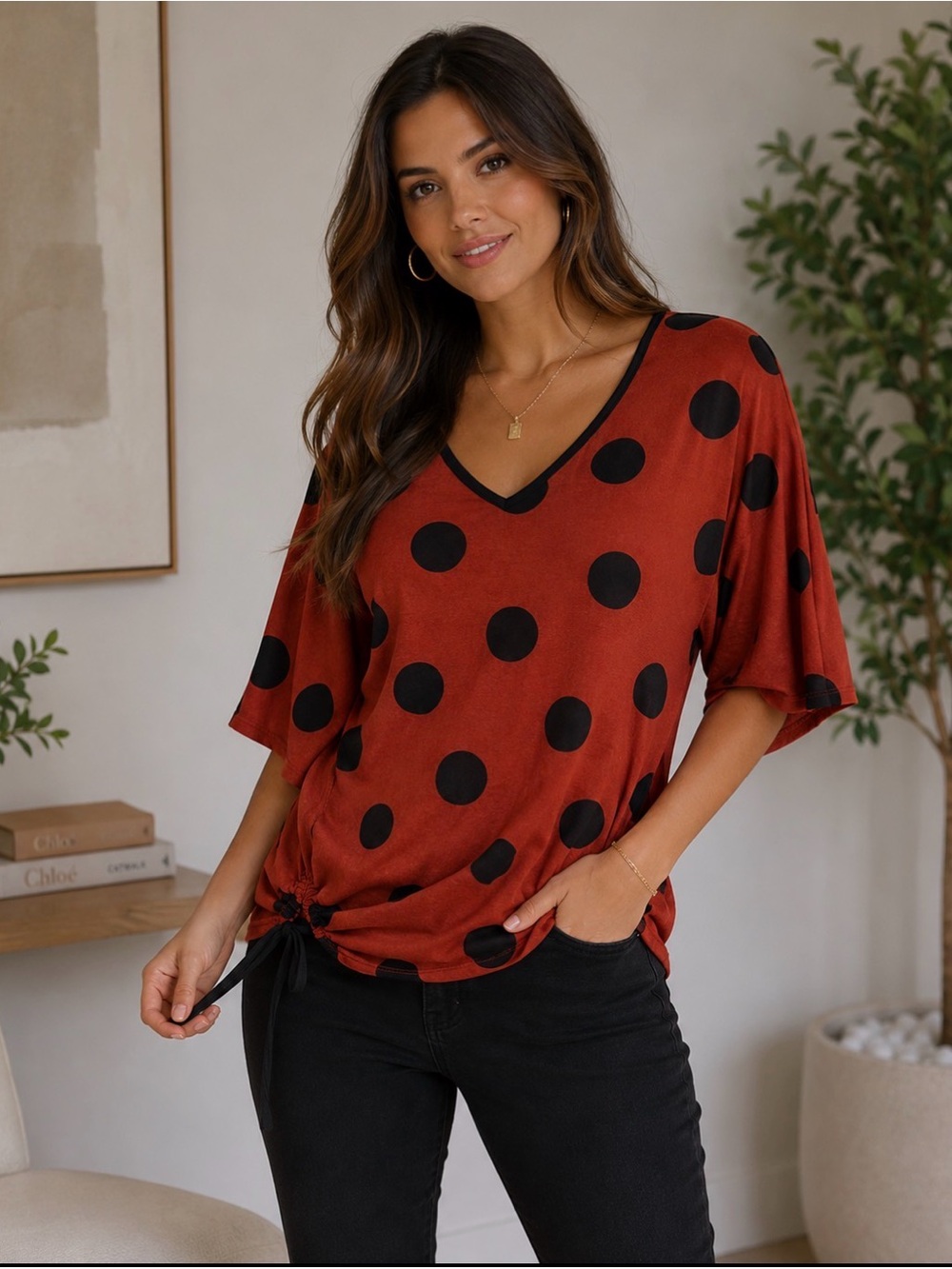 Red Polka Dot V-Neck Top